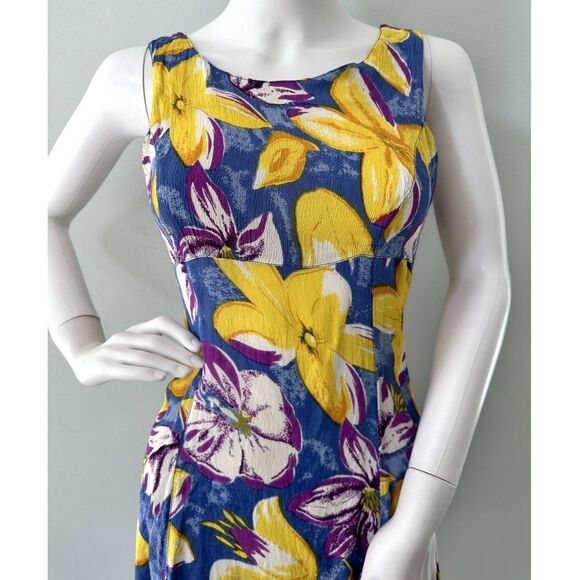 Vintage Y2K Floral Sleeveless Dress Blue Yellow Purple A-Line Tropical Print S - Picture 4 of 7